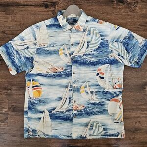 Vintage Polo Ralph Lauren XL Nautical Sailboat Hawaiian Shirt Ocean Wave Beach